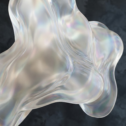A 3D abstract graphic of flowing, translucent liquid with soft, organic shapes. The texture is ethereal and glass-like, with subtle ripples and fluid motion. The color palette consists of misty whites, soft beiges, and muted iridescent tones, perfectly matching the Ethereal Mist aesthetic. High-fidelity, cinematic render with soft, natural lighting on a dark, textured background.